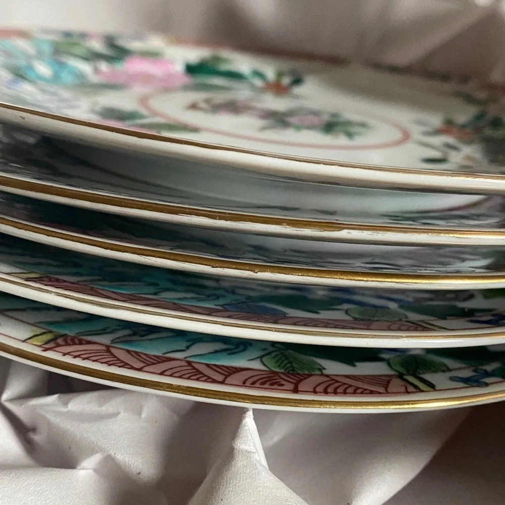 5 Kutani Yaki Ware Japanese Hand Painted  Floral 7.5” MCM Gold Trim Plates